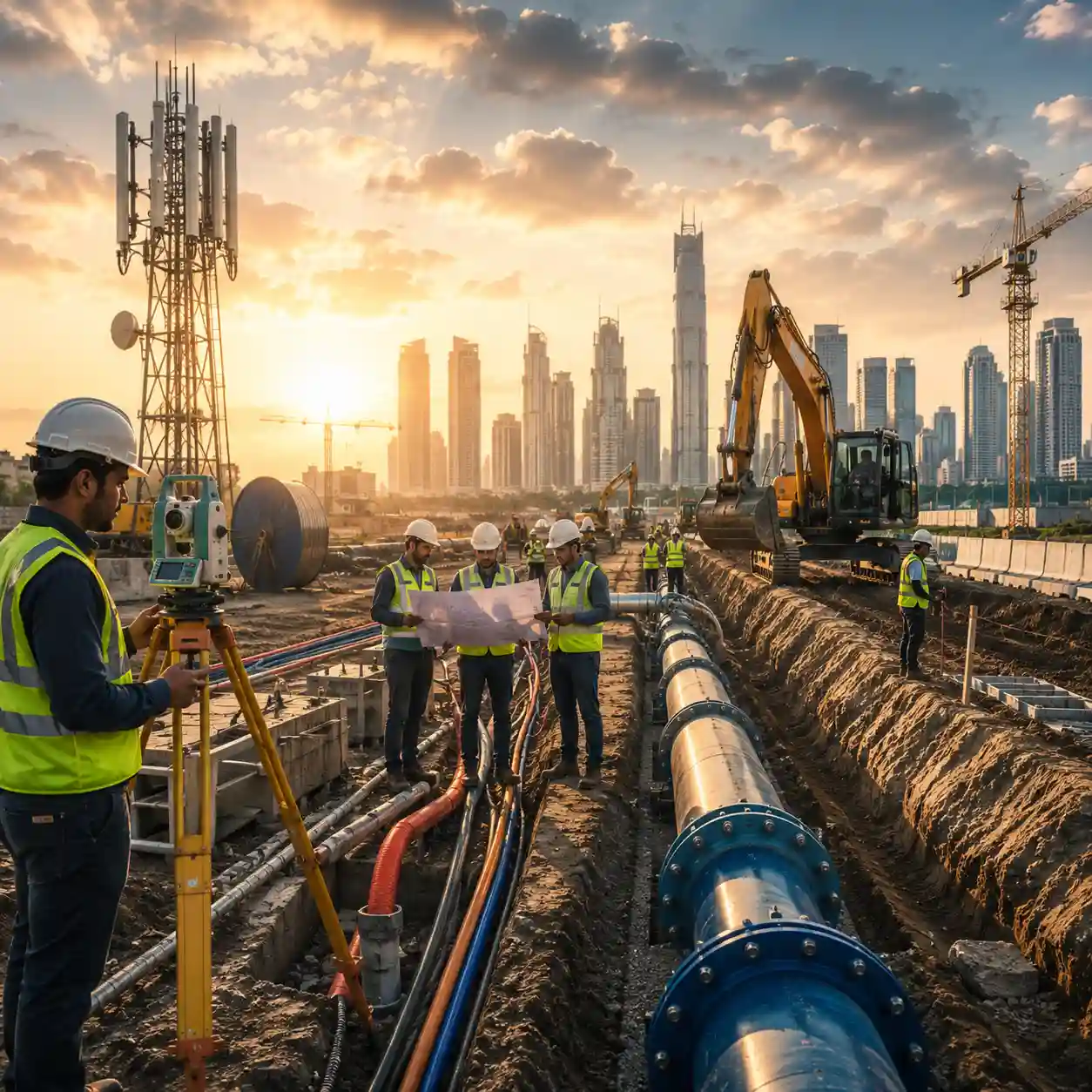 Abstract illustration representing Vaishnavi Telecom's dual expertise in water pipeline and fibre network infrastructure